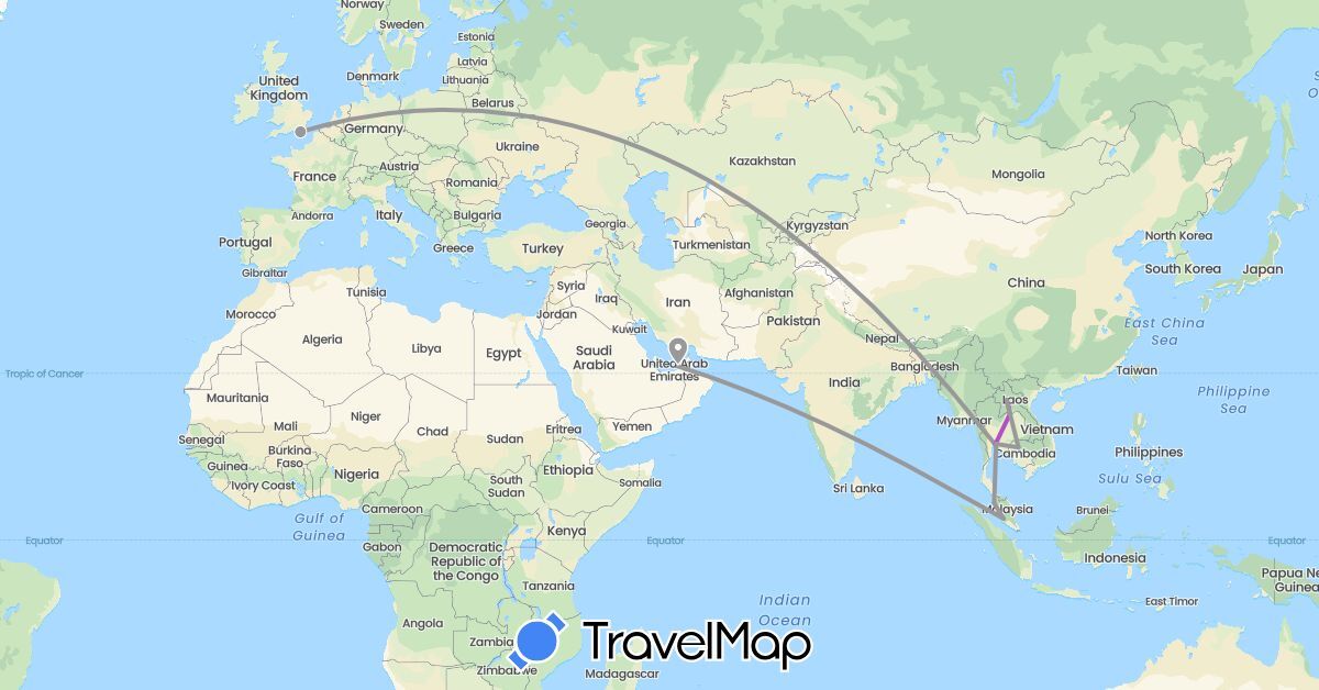 TravelMap itinerary: driving, plane, train in United Arab Emirates, United Kingdom, Cambodia, Laos, Malaysia, Thailand (Asia, Europe)